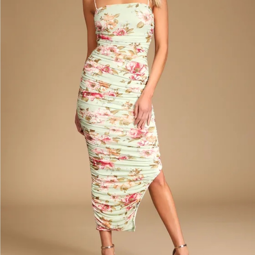 Lulu’s Stun and Only Sage Floral Print Ruched Mesh Bodycon Midi Dress